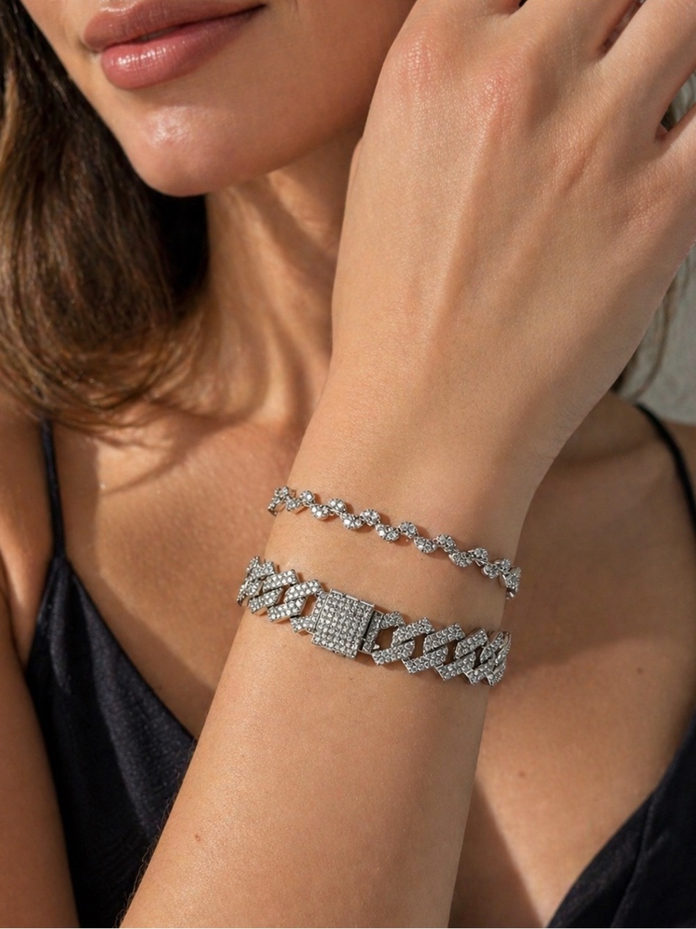 Fashion Jewelry Silver Crystal Tennis and Pave Cuban Link Bracelet Set